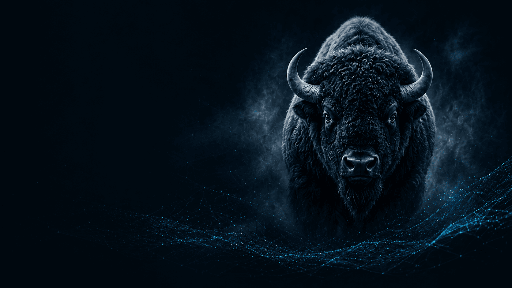 A buffalo emerging from a dark blue atmospheric landscape